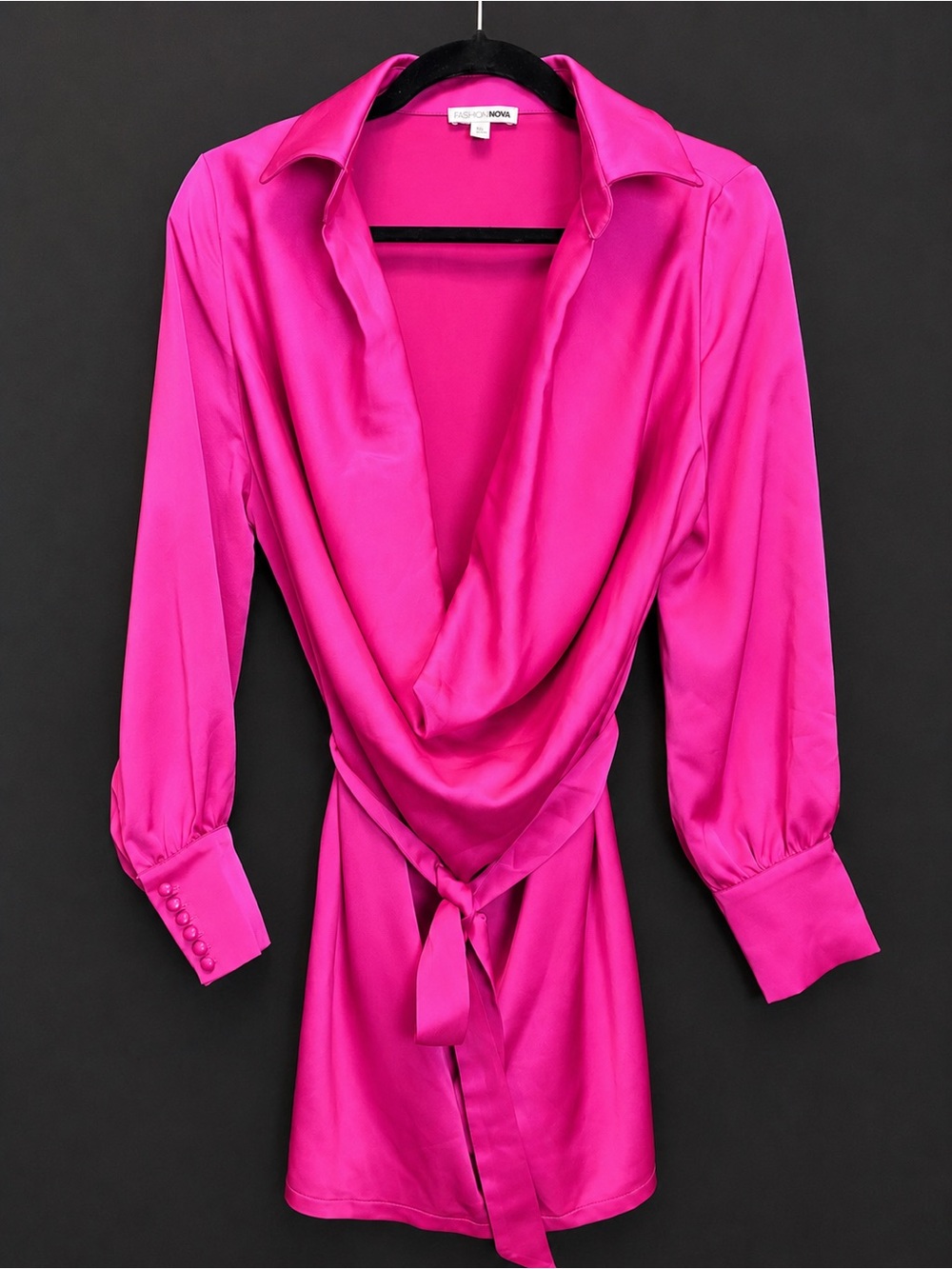 Fashion Nova Fuchsia Satin Drape Front Wrap Dress